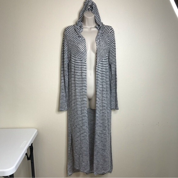 Copper Key Long Black White Stripe Duster Open Front Hooded Sweater Size Large - Picture 10 of 11
